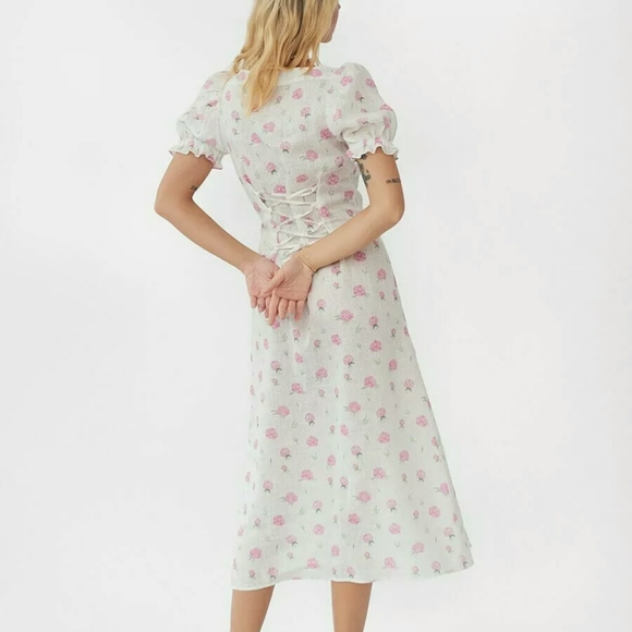 SLEEPER MARQUISE LINEN LACE UP DRESS IN ROSES XS - Picture 3 of 7